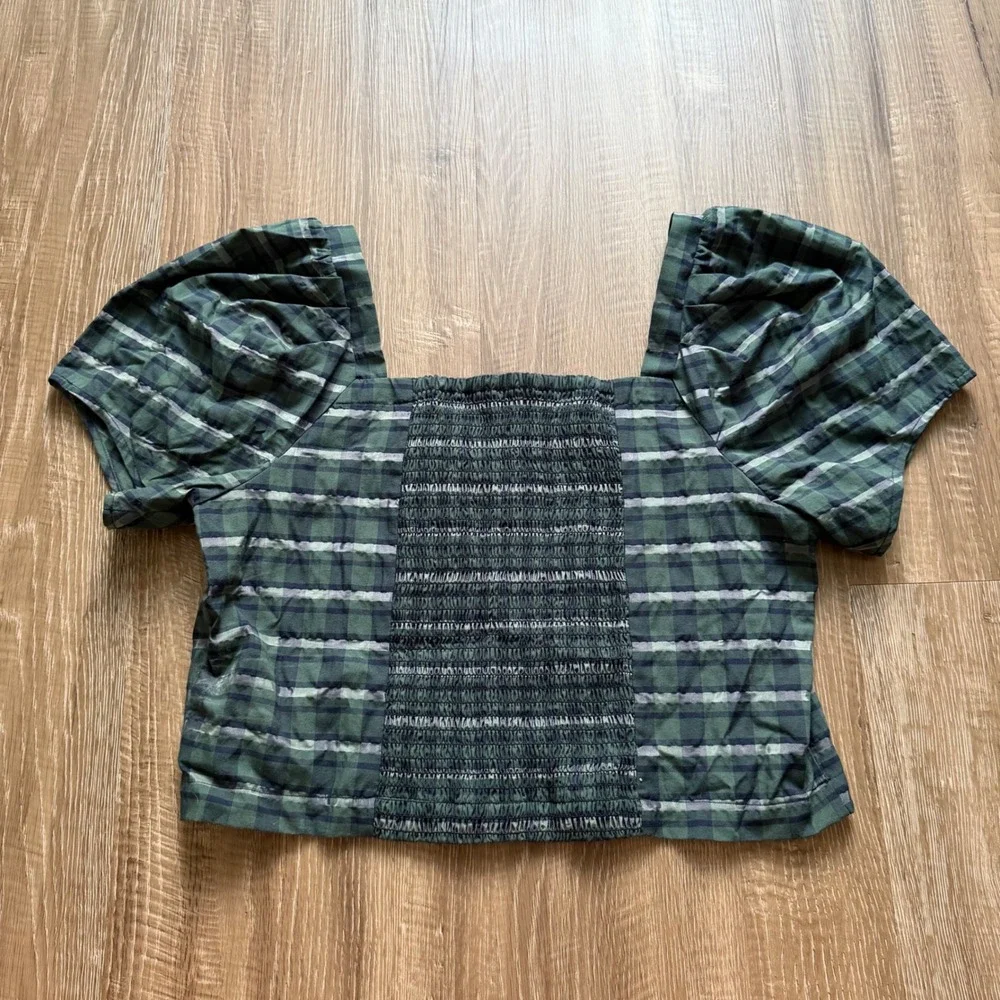Madewell‎ Green Plaid Puff-Sleeve Square Neck Smocked Crop Top Medium Preppy